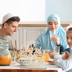 ARS® Pack of 2 Wooden Eid Mubarak Ramadan Kareem Decorations Eid Table Sign Moon Hollow Star Freestanding Table Centrepiece Hanging Ornaments Table Decoration for Muslim Islam Table Decoration - Image 4