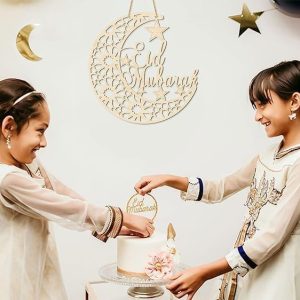 ARS® Eid Mubarak Door Sign Wooden Hanging Signs, Ramadan Kareem Hollow Ornament Moon and Stars, Moon Shape Ramadan Mubarak Party Wood Wall Hanger for Islamic Muslim Home Decor Large Size - Image 5