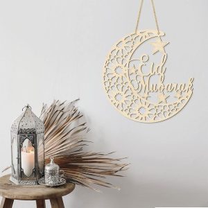 ARS® Eid Mubarak Door Sign Wooden Hanging Signs, Ramadan Kareem Hollow Ornament Moon and Stars, Moon Shape Ramadan Mubarak Party Wood Wall Hanger for Islamic Muslim Home Decor Large Size - Image 4
