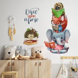 ARS® Once Upon a Time Reading Animals Wall Decals Stickers, Motivational Fox Elephant Owl Hedgehog Reading Books Nursery Decoration Classroom Bedroom Art, Kids Toddlers Study Room Library Decor - Image 4