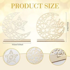 ARS® Pack of 2 Wooden Eid Mubarak Ramadan Kareem Decorations Eid Table Sign Moon Hollow Star Freestanding Table Centrepiece Hanging Ornaments Table Decoration for Muslim Islam Table Decoration - Image 3