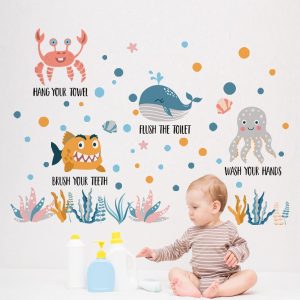 ARS® Bathroom Rule Sign Sea Animal Wall Decals Stickers, Wash Brush Flush Whale Octopus Crab Nursery Decorations Baby Boy Girl Washroom Art, Neutral Seaweed Polka Dot Toddler Kids Home Decor Gift - Image 4