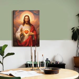 ARS® Framed Sacred Heart of Jesus Picture Wall Art Divine Mercy Picture Canvas Wall Decor Christ Jesus Portrait Poster Prints Christian Religious Artwork for Living Room Bedroom (15x19inch) - Image 5