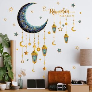 ARS® Ramadan Wall Stickers Decoration Eid Mubarak Decor Ramadan Kareem Stickers Wall Art Decals Moon Star Lantern Window Clings Wallpaper Blue Gold - Image 7