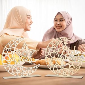 ARS® Pack of 2 Wooden Eid Mubarak Ramadan Kareem Decorations Eid Table Sign Moon Hollow Star Freestanding Table Centrepiece Hanging Ornaments Table Decoration for Muslim Islam Table Decoration - Image 5