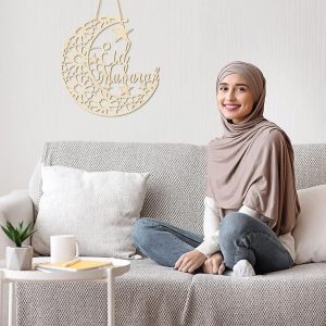 ARS® Eid Mubarak Door Sign Wooden Hanging Signs, Ramadan Kareem Hollow Ornament Moon and Stars, Moon Shape Ramadan Mubarak Party Wood Wall Hanger for Islamic Muslim Home Decor Large Size - Image 7