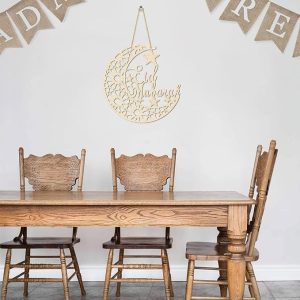 ARS® Eid Mubarak Door Sign Wooden Hanging Signs, Ramadan Kareem Hollow Ornament Moon and Stars, Moon Shape Ramadan Mubarak Party Wood Wall Hanger for Islamic Muslim Home Decor Large Size - Image 6