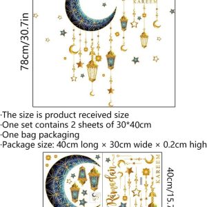 ARS® Ramadan Wall Stickers Decoration Eid Mubarak Decor Ramadan Kareem Stickers Wall Art Decals Moon Star Lantern Window Clings Wallpaper Blue Gold - Image 3