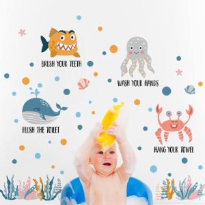 ARS® Bathroom Rule Sign Sea Animal Wall Decals Stickers, Wash Brush Flush Whale Octopus Crab Nursery Decorations Baby Boy Girl Washroom Art, Neutral Seaweed Polka Dot Toddler Kids Home Decor Gift - Image 5