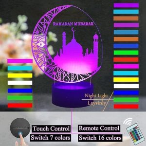ARS® Ramadan 3D Night Light Mubarak Islam Muslim Church Desk Lamp 16 Colors Change Decoration Light Remote Control LED Night Lamp for Bedroom Living Room Eid al-Fitr Party Light (Moon) - Image 6