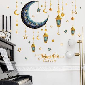 ARS® Ramadan Wall Stickers Decoration Eid Mubarak Decor Ramadan Kareem Stickers Wall Art Decals Moon Star Lantern Window Clings Wallpaper Blue Gold - Image 4