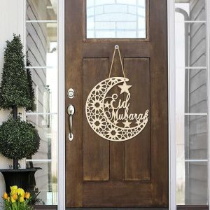ARS® Eid Mubarak Door Sign Wooden Hanging Signs, Ramadan Kareem Hollow Ornament Moon and Stars, Moon Shape Ramadan Mubarak Party Wood Wall Hanger for Islamic Muslim Home Decor Large Size - Image 3