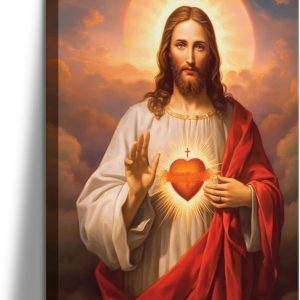 ARS® Framed Sacred Heart of Jesus Picture Wall Art Divine Mercy Picture Canvas Wall Decor Christ Jesus Portrait Poster Prints Christian Religious Artwork for Living Room Bedroom (15x19inch) - Image 1