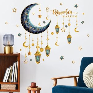 ARS® Ramadan Wall Stickers Decoration Eid Mubarak Decor Ramadan Kareem Stickers Wall Art Decals Moon Star Lantern Window Clings Wallpaper Blue Gold - Image 5