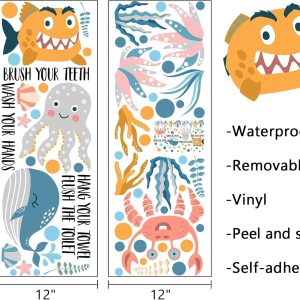 ARS® Bathroom Rule Sign Sea Animal Wall Decals Stickers, Wash Brush Flush Whale Octopus Crab Nursery Decorations Baby Boy Girl Washroom Art, Neutral Seaweed Polka Dot Toddler Kids Home Decor Gift - Image 3