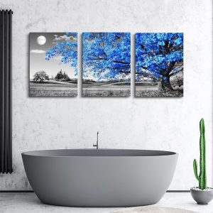 ARS® Canvas Wall Art For Living Room Modern Wall Decor For Office Black And White Blue Tree Wall Painting Scenery Wall Pictures Artwork For Bedroom Room Home Decor Prints Art 16" X 24" 3 Piece - Image 3