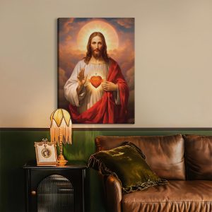 ARS® Framed Sacred Heart of Jesus Picture Wall Art Divine Mercy Picture Canvas Wall Decor Christ Jesus Portrait Poster Prints Christian Religious Artwork for Living Room Bedroom (15x19inch) - Image 3