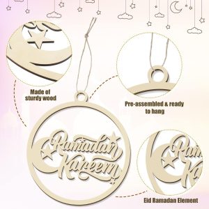 ARS® Eid Mubarak Decoration Wooden Ramadan Kareem Door Sign Round Al Fitr Hollow Wood Hanging Islam Wall Pendant for Muslim Home Room Happy Party Supplies - Image 7