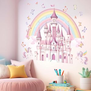 ARS® Rainbow Castle Wall Stickers for Girls: Peel and Stick Unicorn Fairy Tale Butterfly Cloud Unicornio Wall Decals - Wall Decor Art Kids Supplies - Image 4