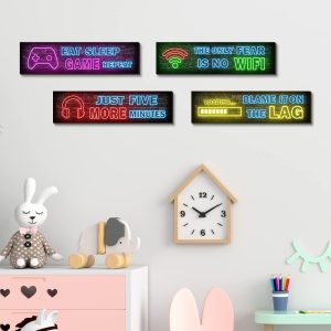 ARS® 4 Pcs Printed Neon Gaming Posters, Teen Boys Room Decorations, gamer wall Decor for bedroom Wooden - Image 4