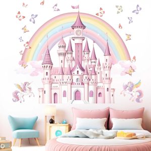 ARS® Rainbow Castle Wall Stickers for Girls: Peel and Stick Unicorn Fairy Tale Butterfly Cloud Unicornio Wall Decals - Wall Decor Art Kids Supplies - Image 3