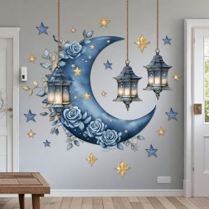 ARS® Ramadan Wall Decals, Eid Mubarak Wall Stickers, Self-Adhesive Islamic Muslim Wall Art Decor, Lantern Moon Star Rose Window Clings for Home Living Room Bedroom Arabic Party Supplies (Blue) - Image 4