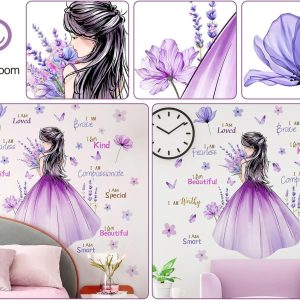 ARS® Butterfly Girl Wall Decal Flower Fairy Princess Wall Stickers Inspirational Quote Purple Lavender Floral Vinyl DIY Removable Peel and Stick Nursery Wall Decor for Kids Baby Bedroom Decoration - Image 3