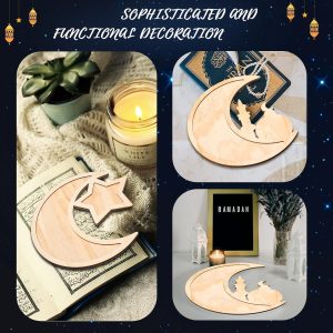 ARS® Ramadan Tray Eid Mubarak Tray Wooden Star Moon Shaped Ramadan Tray Islam Wooden Artistic Moon Star Dessert Tray Ramadan Decorations for Table Islam Wooden Artistic Dessert Tray - Image 4