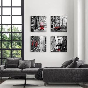 ARS® Black and White City Wall Art Decor Canvas Print Eiffel Tower Broooklyn Bridge Poster Artwork Framed Modern Landscape Picture Painting Red Car Bike Bus Home Decoration 20 X Inch 4 Pcs - Image 4