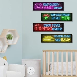 ARS® 4 Pcs Printed Neon Gaming Posters, Teen Boys Room Decorations, gamer wall Decor for bedroom Wooden - Image 3