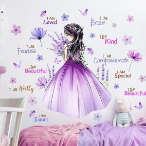 ARS® Butterfly Girl Wall Decal Flower Fairy Princess Wall Stickers Inspirational Quote Purple Lavender Floral Vinyl DIY Removable Peel and Stick Nursery Wall Decor for Kids Baby Bedroom Decoration - Image 7