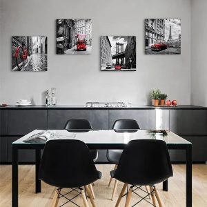 ARS® Black and White City Wall Art Decor Canvas Print Eiffel Tower Broooklyn Bridge Poster Artwork Framed Modern Landscape Picture Painting Red Car Bike Bus Home Decoration 20 X Inch 4 Pcs - Image 5