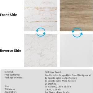 ARS® 2 Pcs 1.8 Ft/55cm Photo Backdrop Boards, 2 in 1 Marble & Wood Texture Realistic Surface Background for Flat Lay Food, Tabletop Product Photography - 4 Patterns - Image 8