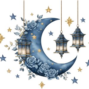 ARS® Ramadan Wall Decals, Eid Mubarak Wall Stickers, Self-Adhesive Islamic Muslim Wall Art Decor, Lantern Moon Star Rose Window Clings for Home Living Room Bedroom Arabic Party Supplies (Blue) - Image 7