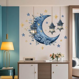 ARS® Ramadan Wall Decals, Eid Mubarak Wall Stickers, Self-Adhesive Islamic Muslim Wall Art Decor, Lantern Moon Star Rose Window Clings for Home Living Room Bedroom Arabic Party Supplies (Blue) - Image 5