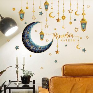 ARS® Ramadan Wall Stickers Decoration Eid Mubarak Decor Ramadan Kareem Stickers Wall Art Decals Moon Star Lantern Window Clings Wallpaper Blue Gold - Image 6