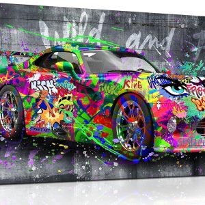 ARS® Graffiti Car Wall-Decor - Banksy Canvas Wall Art for Bedroom - Teen Boy Room Decor Ready to Hang Size 40" x 20" - Image 1