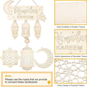ARS® 8 Pieces Islam Eid Ramadan Mubarak Decorations Hanging Wooden Lantern Baubles Pendant Muslim Islam Plaque Sign Ornament for Home Happy Ramadan Mubarak DIY Wall Decor Supplies - Image 4