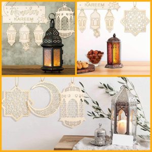 ARS® 8 Pieces Islam Eid Ramadan Mubarak Decorations Hanging Wooden Lantern Baubles Pendant Muslim Islam Plaque Sign Ornament for Home Happy Ramadan Mubarak DIY Wall Decor Supplies - Image 6